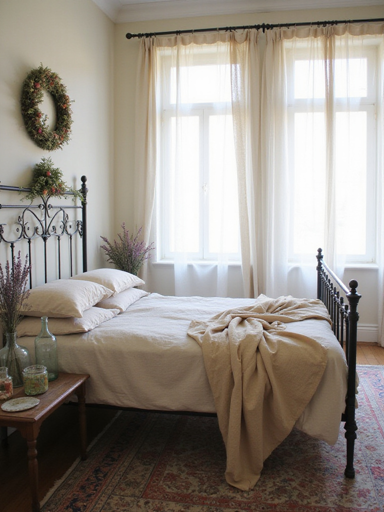 Vintage bedroom decor with dried lavender and floral bouquets in vintage glass bottles