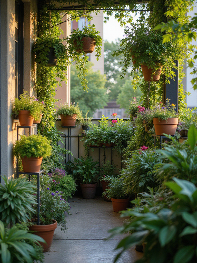 A small urban balcony filled with a variety of plants in hanging baskets, railing planters, and vertical wall gardens, creating a lush and vibrant green space.
