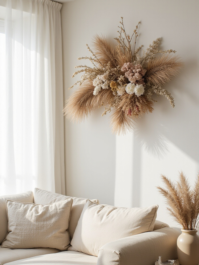 Boho living room with dried flower and pampas grass wall arrangement