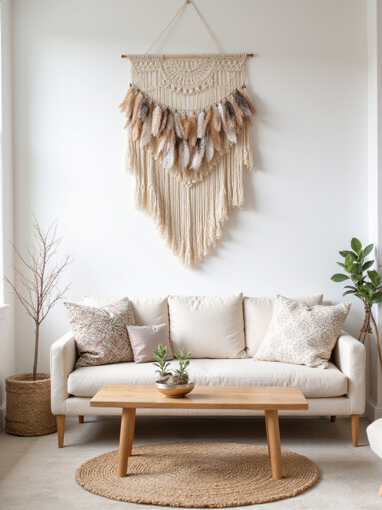 Boho living room with macrame feather wall hanging