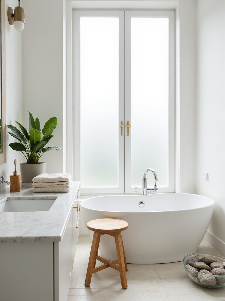 Bathroom decor with natural elements: snake plant, wood stool, river stones.