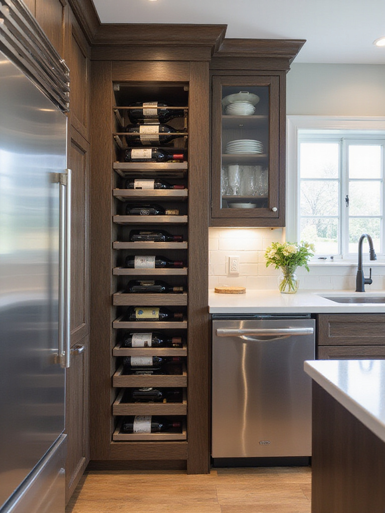 Modern kitchen interior with a built-in wine rack made of dark wood and brushed metal, showcasing wine bottles.