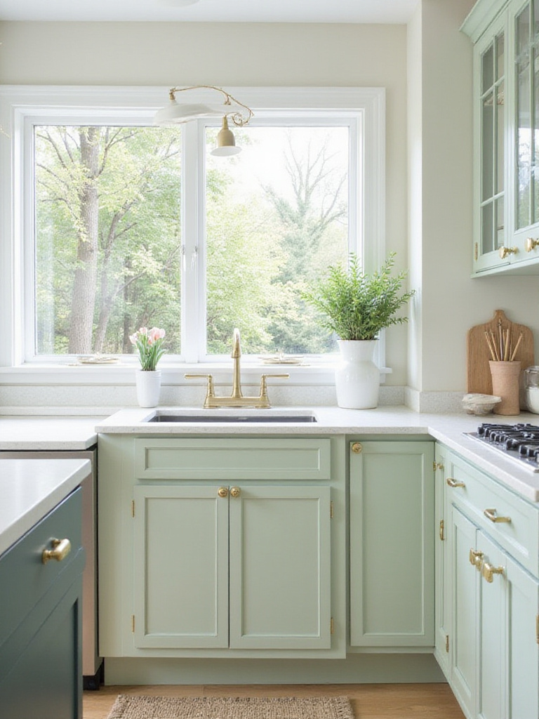 Newly painted sage green kitchen cabinets with brushed gold hardware in a bright and airy kitchen.