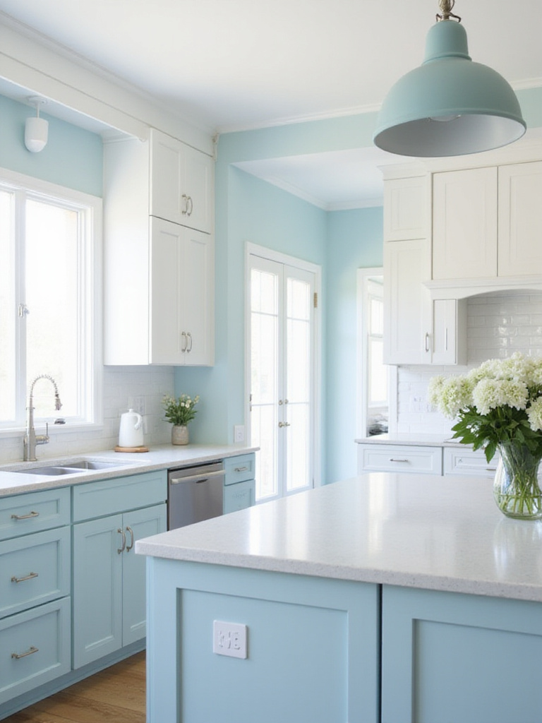 Calming blue kitchen with white cabinets and natural light