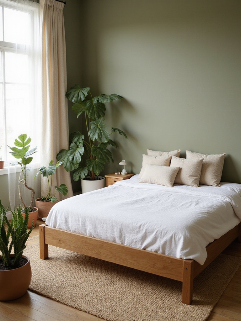 Calming olive green bedroom with natural light and organic textures.