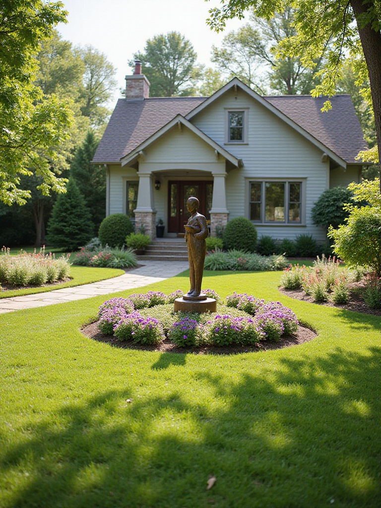 Bronze abstract sculpture acting as a focal point in a beautiful front yard garden.