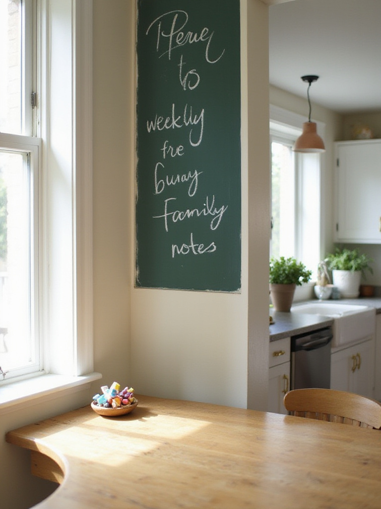 Dark green chalkboard wall in a modern farmhouse kitchen with a family message.