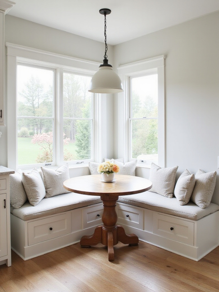 Charming breakfast nook bench seating with round table in a modern farmhouse kitchen