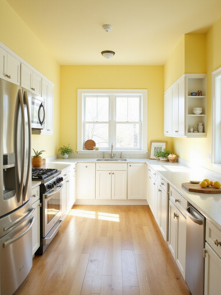 Bright and cheerful kitchen with soft yellow walls and white cabinets