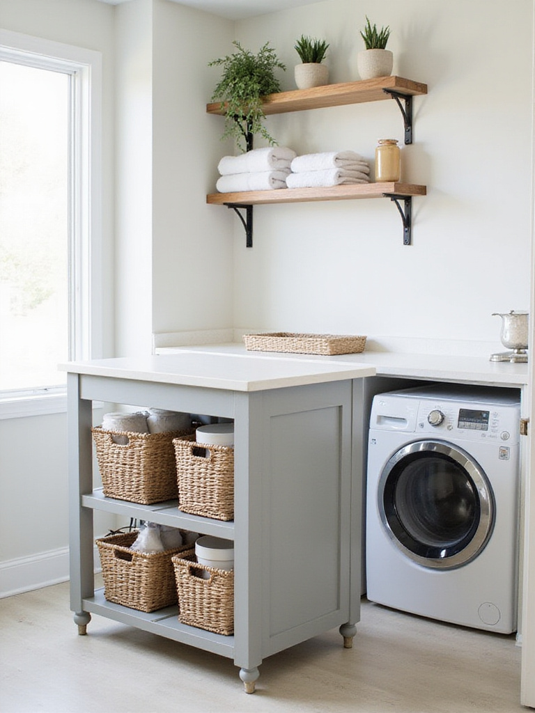Laundry room with a gray kitchen island used as a folding table