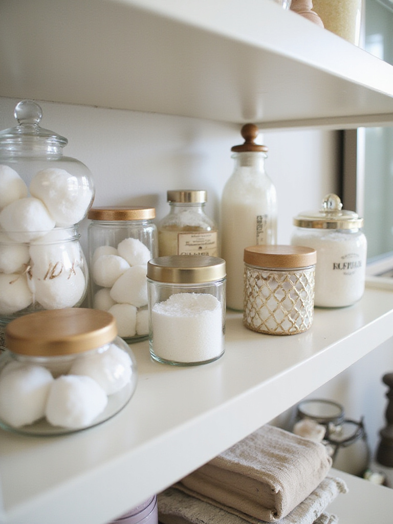Bathroom shelf decorated with various chic storage jars filled with cotton balls, swabs, and bath salts.