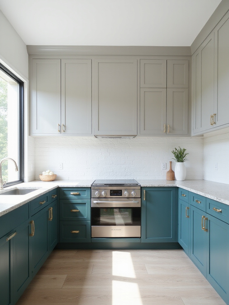 Modern two-tone kitchen with teal lower cabinets and light gray upper cabinets.