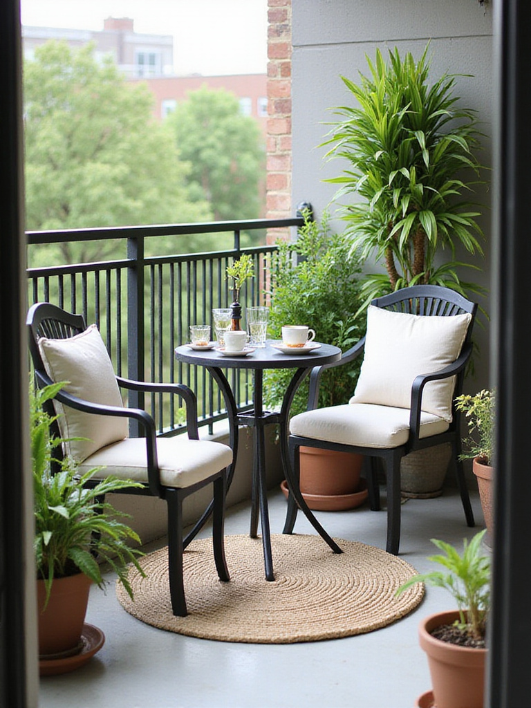 A small urban balcony furnished with a compact metal bistro set, potted plants, and an outdoor rug, illustrating space-saving furniture ideas.