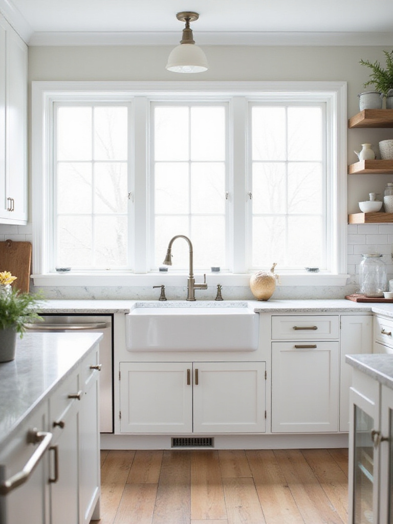 Bright modern farmhouse kitchen featuring white Shaker style cabinets.