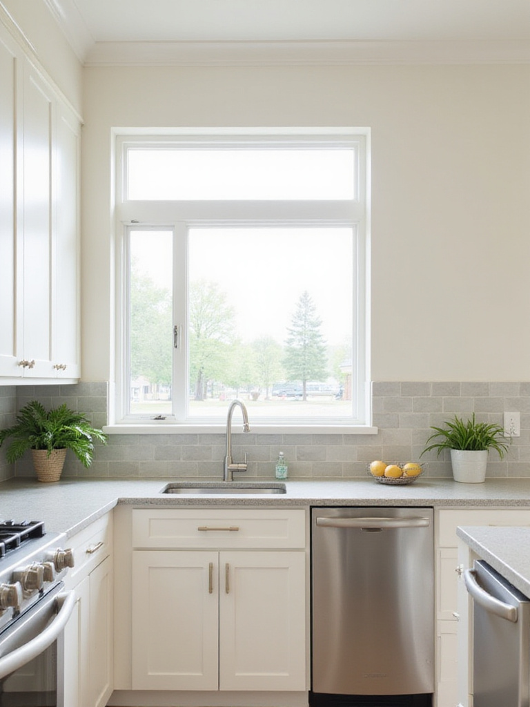 Bright white kitchen with shaker cabinets and stainless steel appliances.