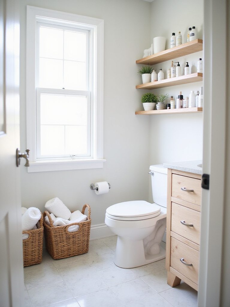 Bright and airy bathroom with clever storage solutions including wicker baskets and floating shelves.