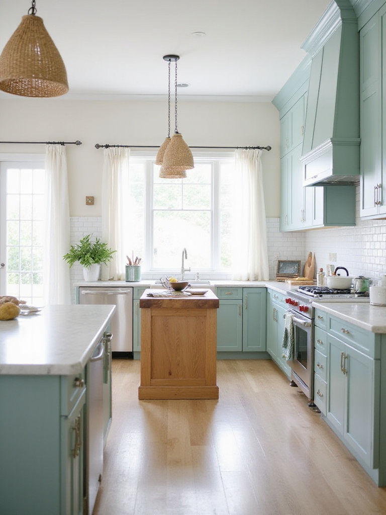 Bright and airy coastal kitchen with blue-green cabinets, white quartz countertops, and a butcher block island.