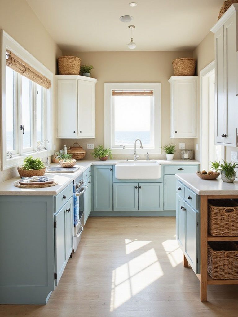 Coastal kitchen design with light blue and sandy beige cabinets and walls.