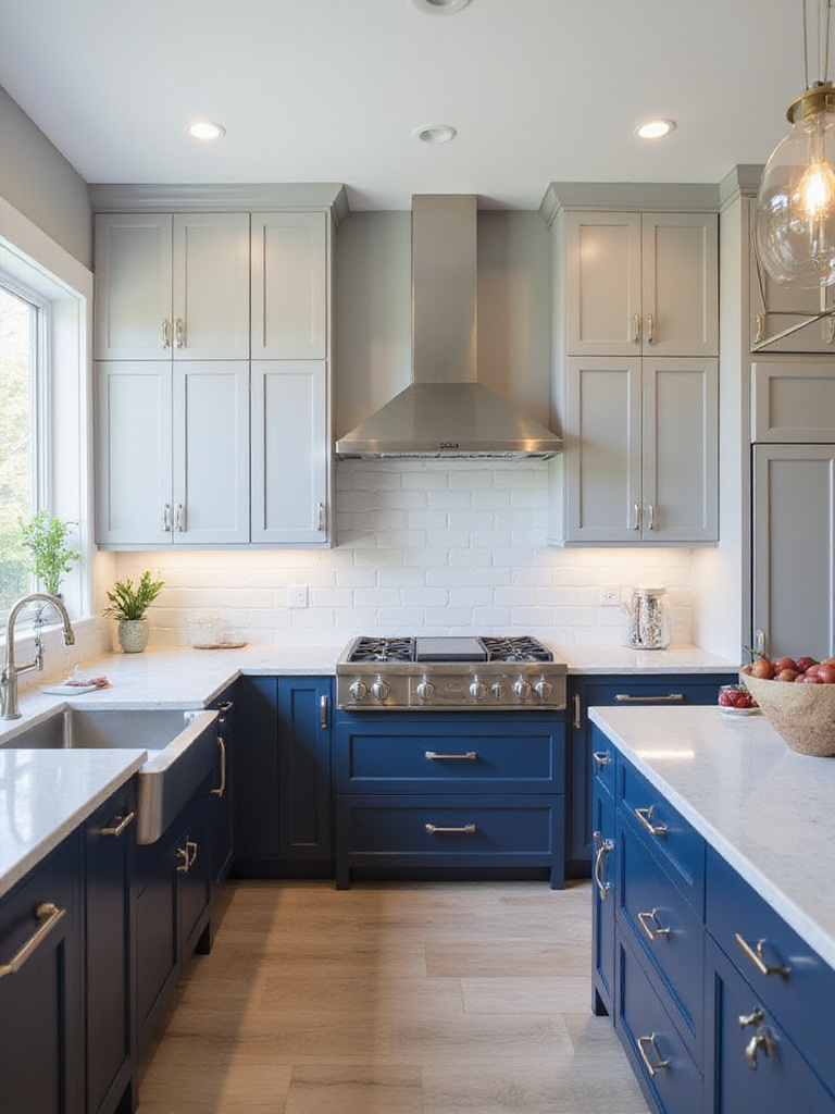 Modern kitchen with light gray upper cabinets and navy blue lower cabinets and island.
