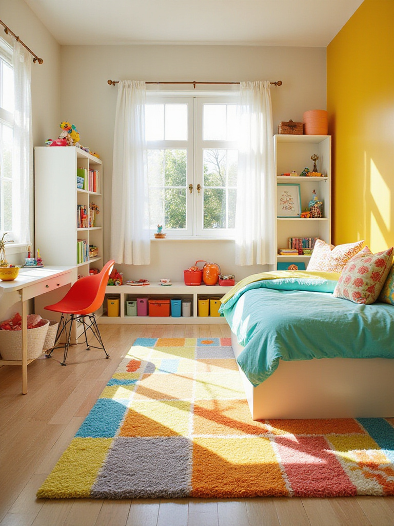 A cheerful kids' bedroom featuring a sunny yellow accent wall, colorful bedding, a vibrant patterned rug, and bright furniture accents, creating an energetic and happy space.