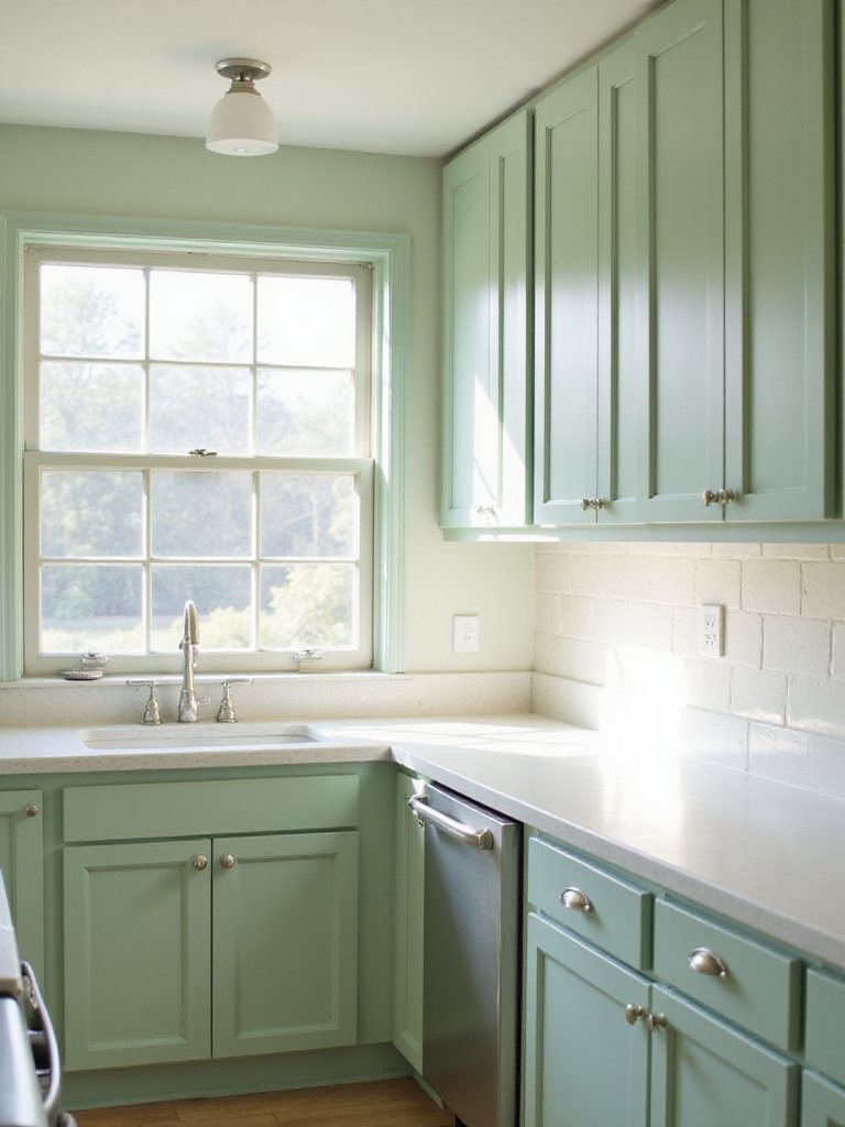 Kitchen with newly painted green cabinets and natural light