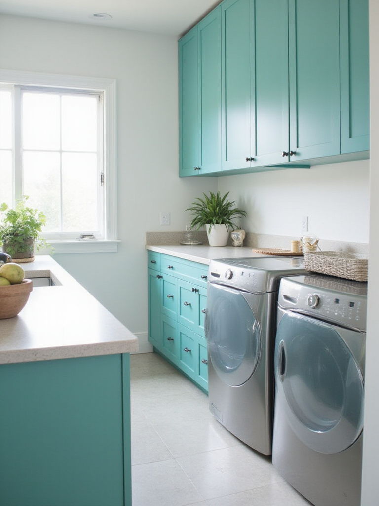 Turquoise laundry room cabinets