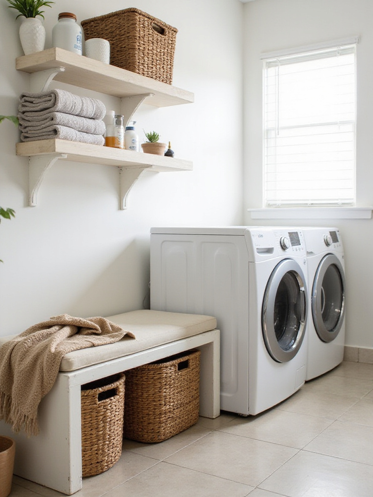 Comfortable bench seating with storage in a bright and organized laundry room.