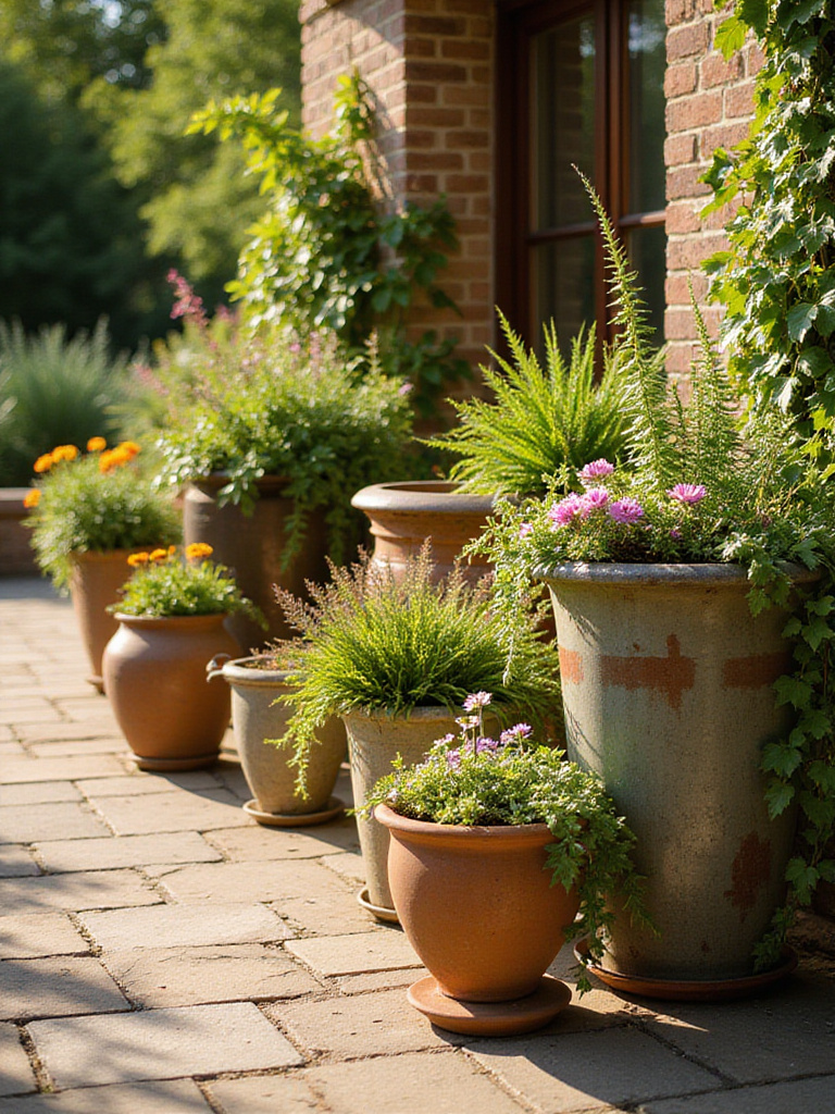 Variety of colorful container gardens arranged on a sunny patio