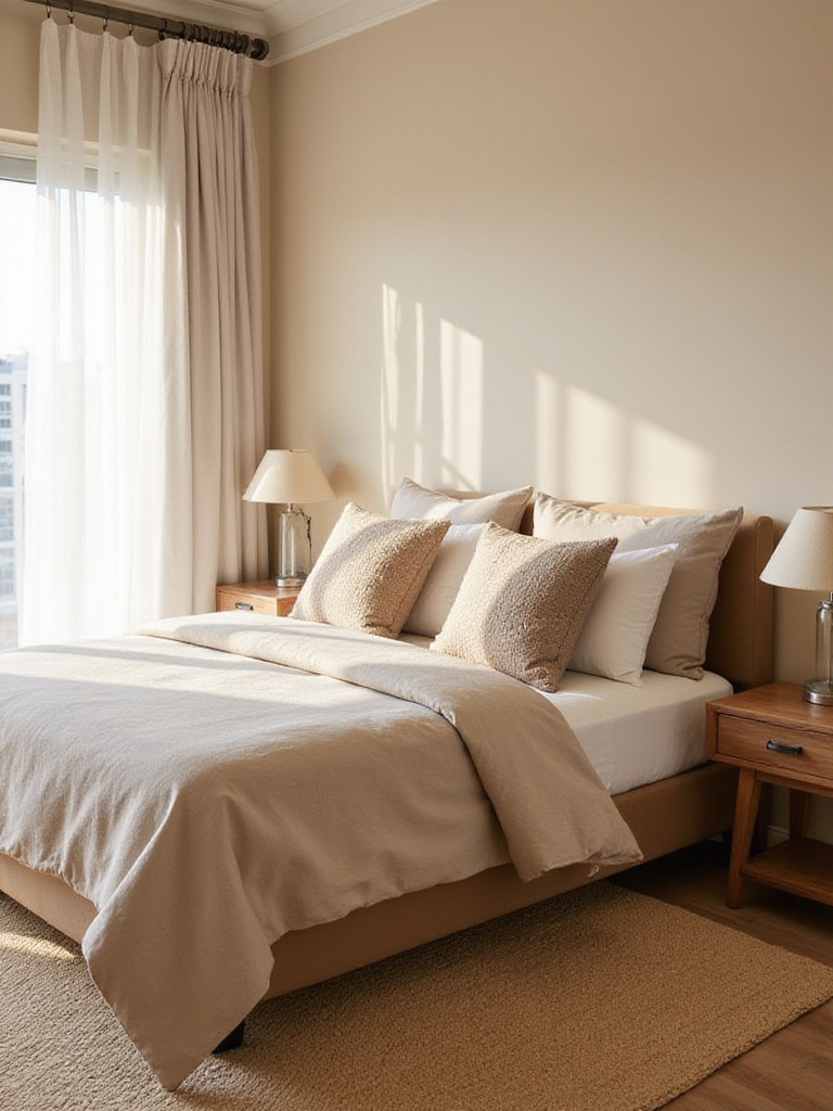 Cozy beige bedroom with linen bedding and natural light