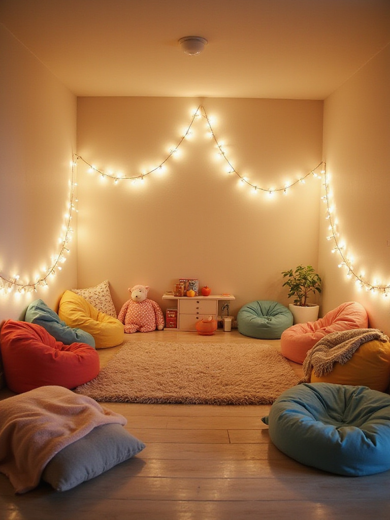 Cozy corner retreat in a kids bedroom with bean bags, floor cushions, blankets, and soft lighting.