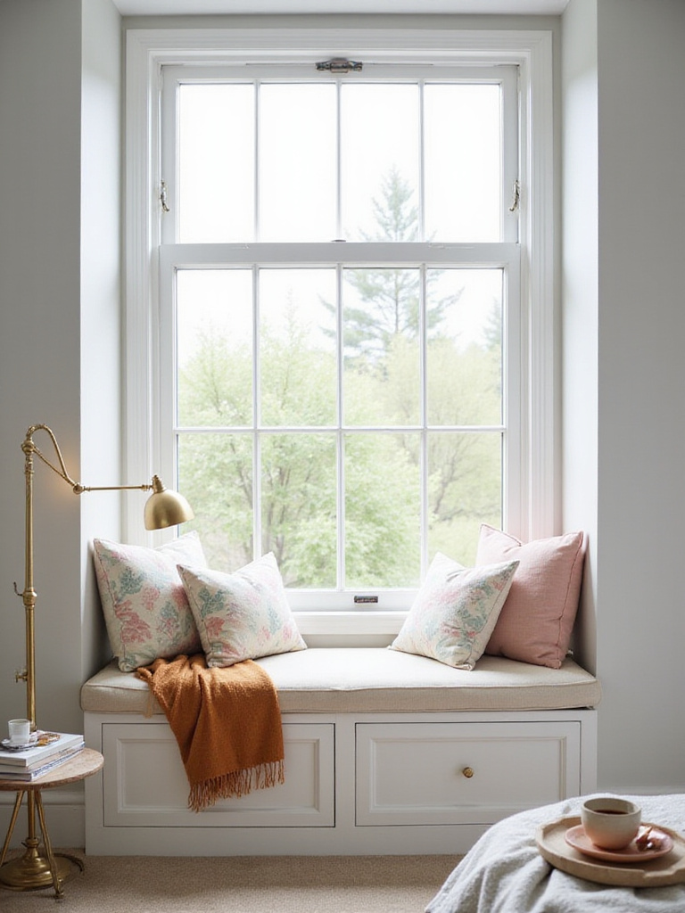 Cozy bedroom reading nook with window seat, cushions, and warm lighting.