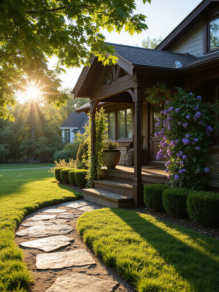 Front yard landscaping featuring a wooden trellis covered in purple clematis flowers.