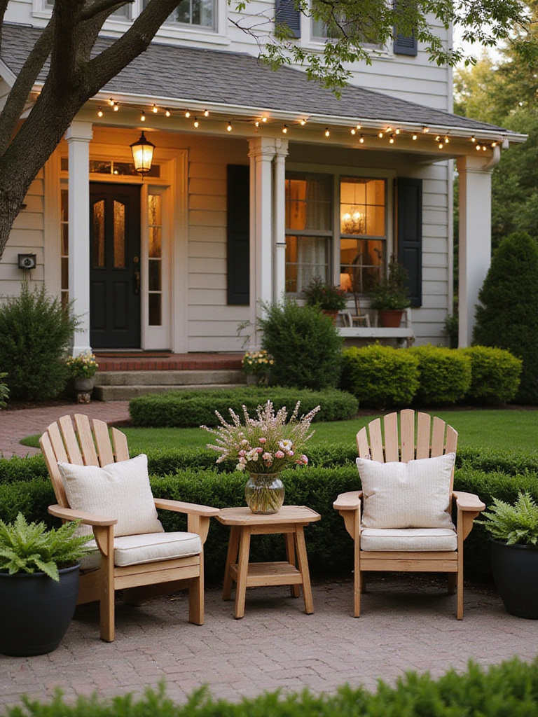 Cozy front yard seating area with Adirondack chairs, string lights, and lush greenery.