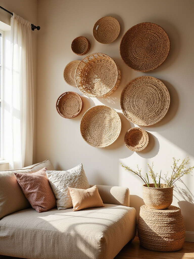 Boho living room wall decor featuring a collection of woven baskets in natural fibers.