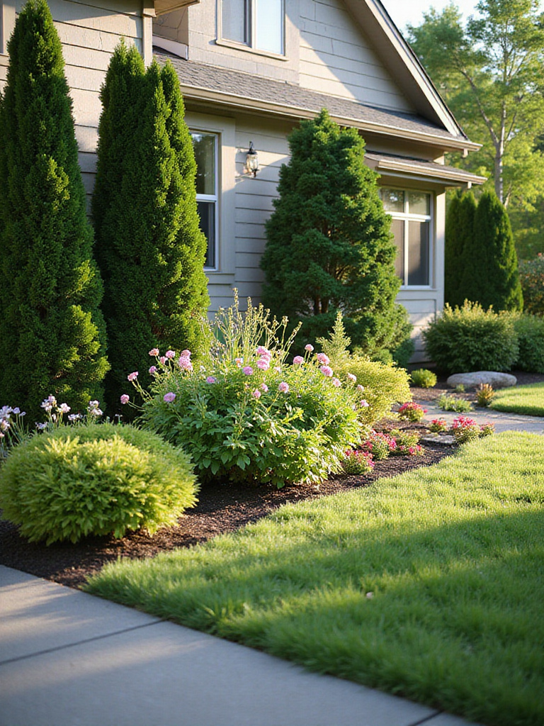 Front yard layered landscaping with shrubs, perennials, and ground cover for curb appeal.