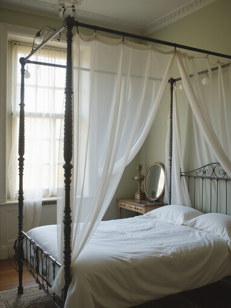 Vintage bedroom with sheer white canopy bed and antique furniture