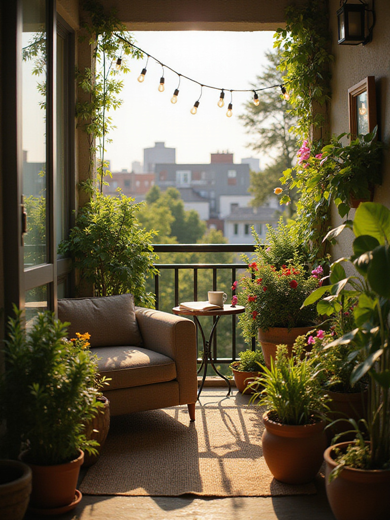 Cozy balcony reading nook with comfortable chair, green plants, string lights, and a book on a side table.