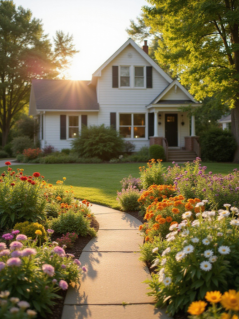 Front yard landscaping with colorful flowers boosting curb appeal.