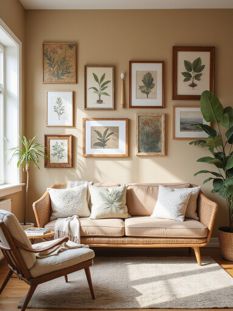 Boho living room gallery wall with eclectic frames and artwork