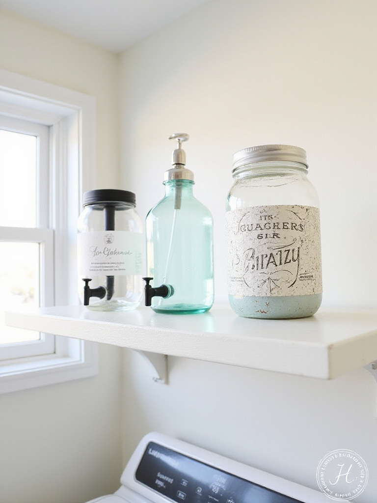 DIY laundry detergent dispensers made from repurposed containers add style to a laundry room shelf.