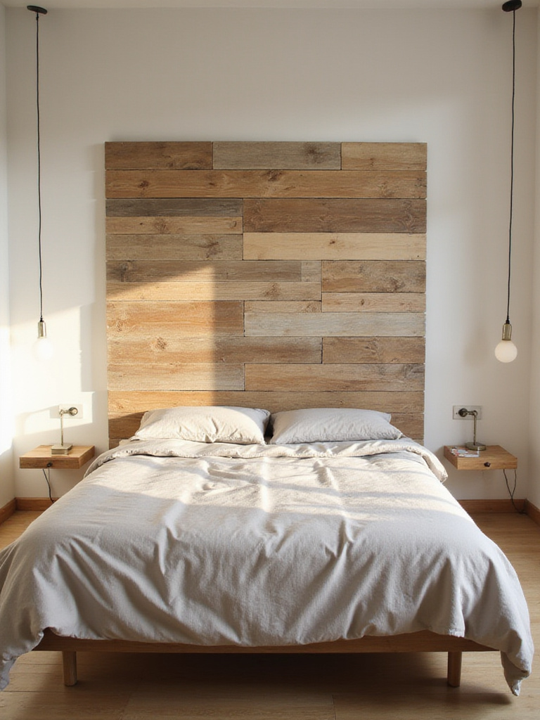 Apartment bedroom with DIY reclaimed wood headboard and minimalist decor