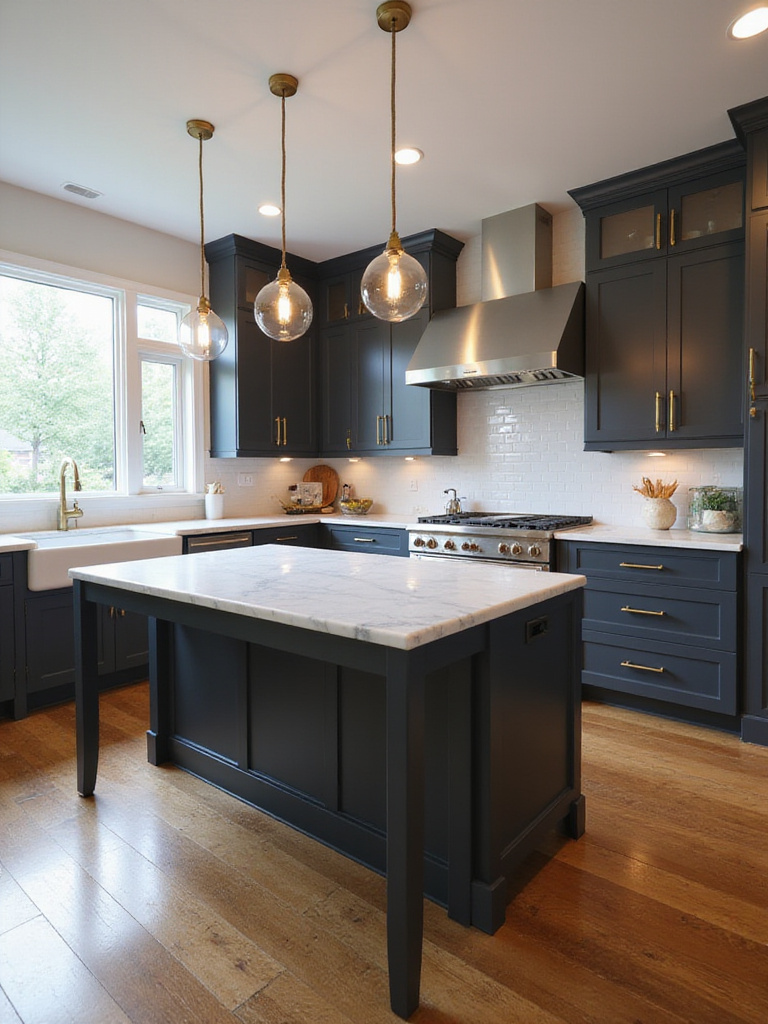 Dark charcoal gray kitchen with brass hardware and white marble island.