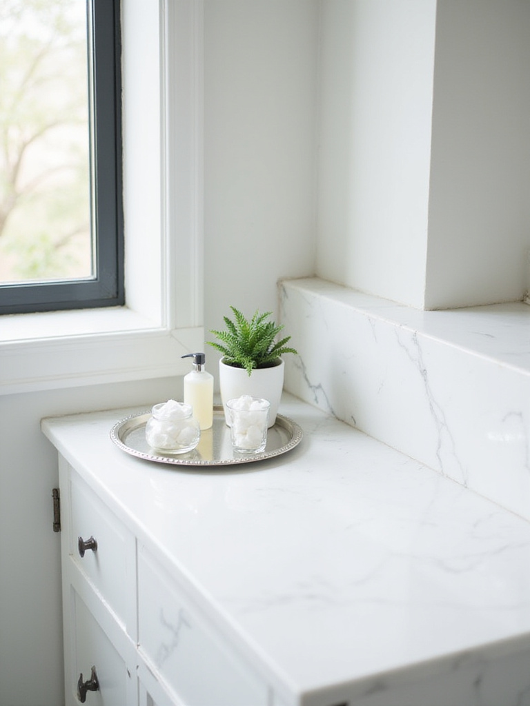 Minimalist bathroom countertop with marble surface, silver tray, and organized essentials.