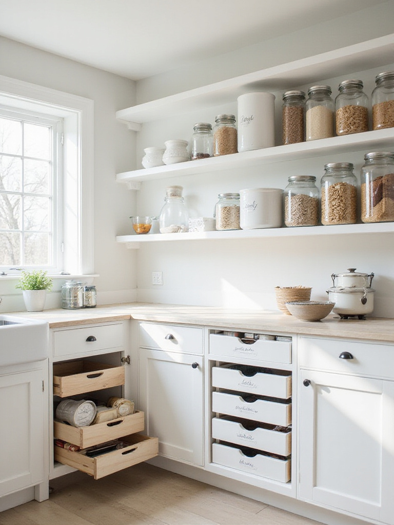 Modern kitchen with organized pantry, drawers, and uncluttered countertops, emphasizing functionality and beauty.