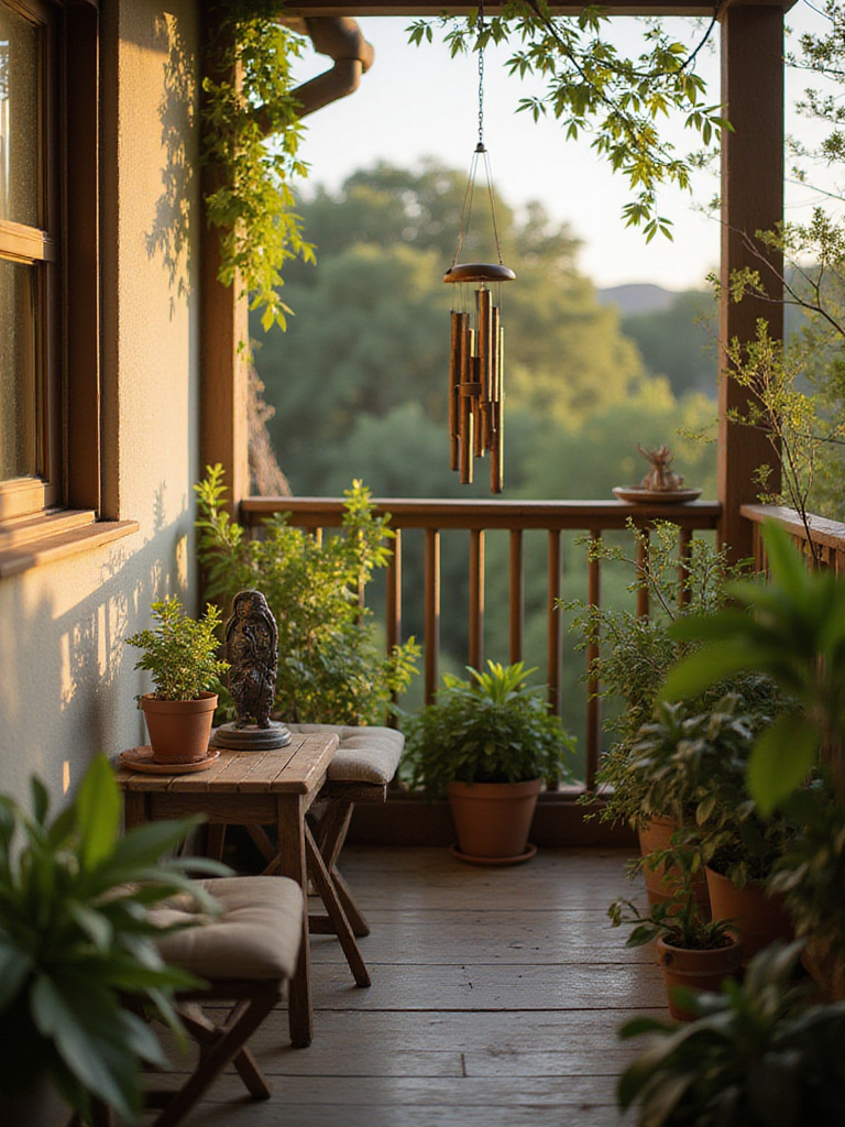 Small balcony decorated with plants, a metal sculpture, and bamboo wind chimes, creating a serene outdoor art space.