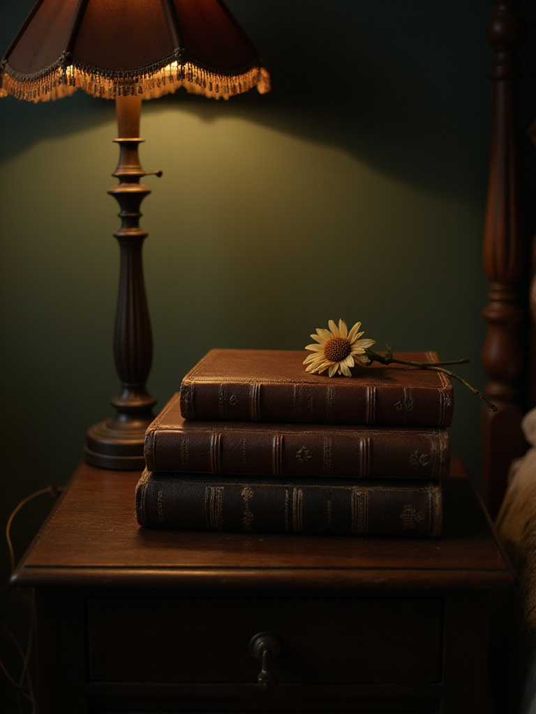 Stack of antique leather-bound books on a vintage nightstand in a dimly lit bedroom