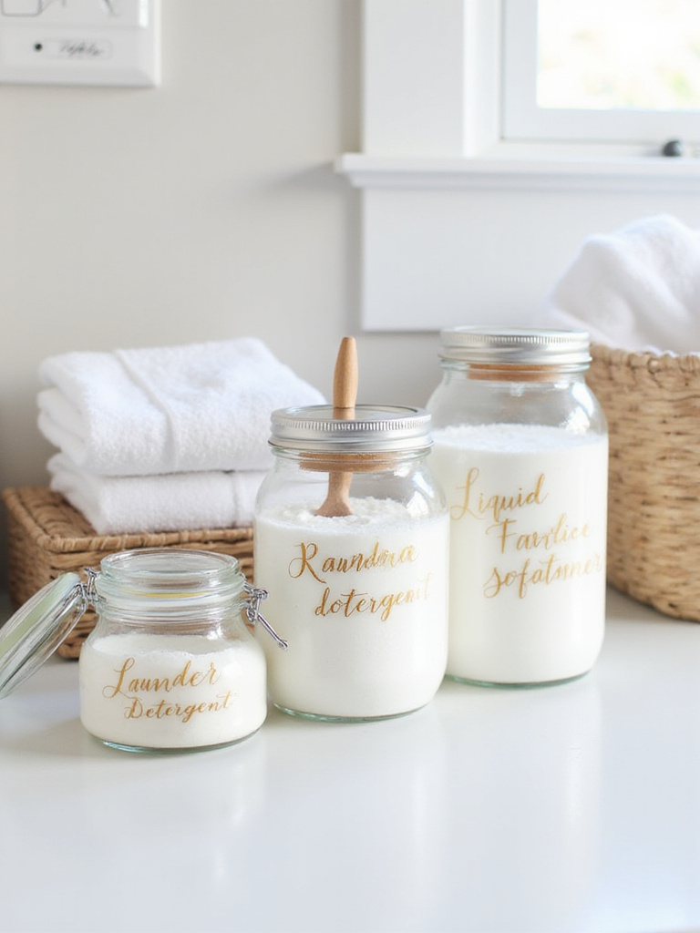 Decorative glass jars filled with laundry detergent, fabric softener, and dryer sheets in a stylish laundry room