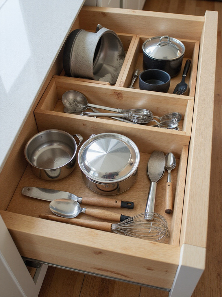 Organized deep kitchen drawer with wooden dividers holding various cooking utensils and cookware