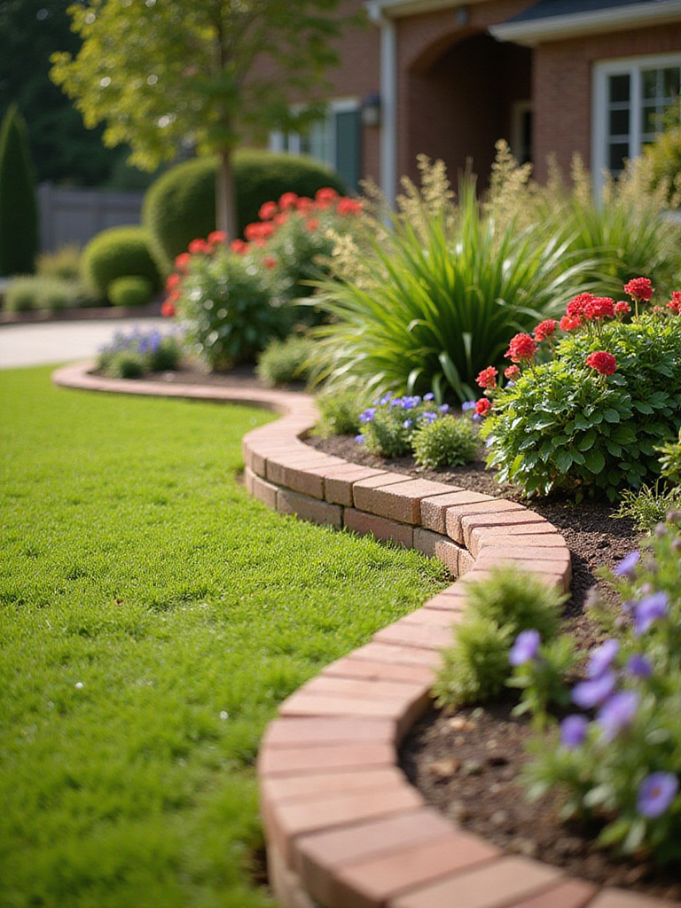 Front yard garden bed with elegant brick edging separating flowers from lawn
