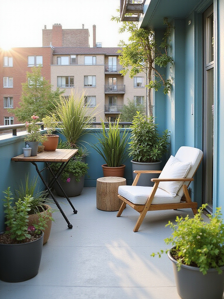 A small urban balcony showcasing a cohesive blue and white color palette with green plants and wood accents. The space feels calm and well-designed.